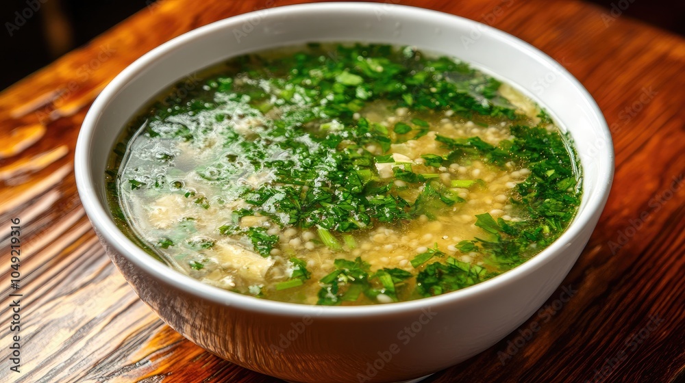 Fresh Herbal Soup in White Bowl on Wooden Surface Fresh Herbal Soup in White Bowl on Wooden Surface