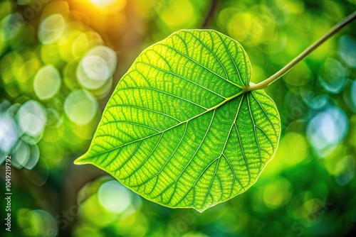 Forced perspective selective focus shot of a big green leaf on a tree branch