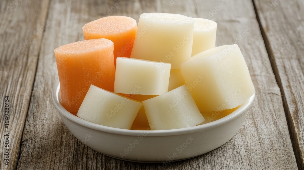 Colorful Vegetable Blocks in a White Bowl Colorful Vegetable Blocks in a White Bowl