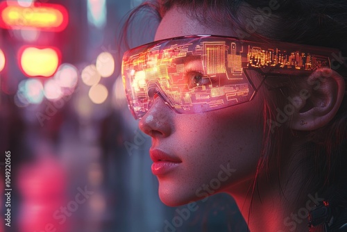 Woman in Futuristic Goggles Looking at City Lights