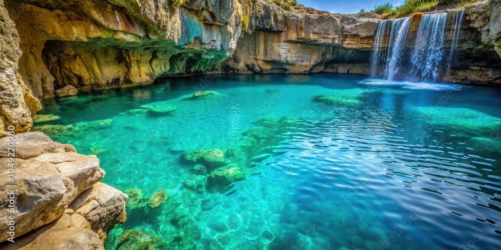Dripping turquoise water from a rocky cliffside into a serene ocean pool, rocky cliffside, turquoise water, droplets, sea Dripping turquoise water from a rocky cliffside into a serene ocean pool, rocky cliffside, turquoise water, droplets, sea
