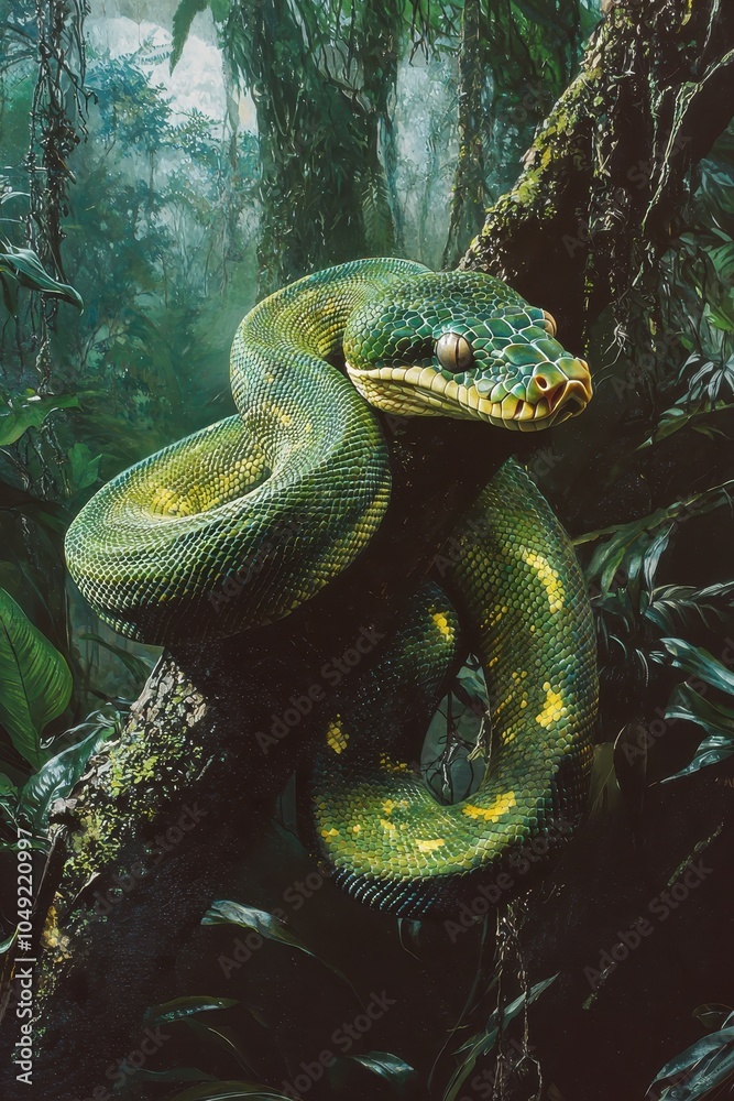 Obraz premium Vibrant Green Python Coiled on Tree Branch