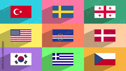 Vector illustrations of country flags on colorful background