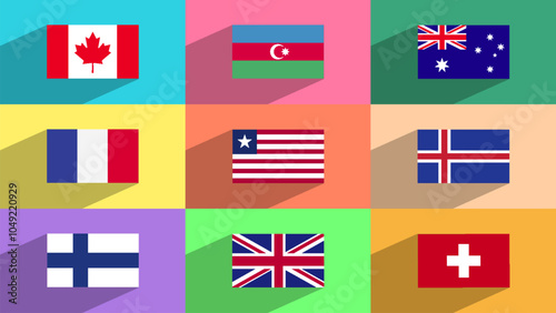 Vector illustrations of country flags on colorful background