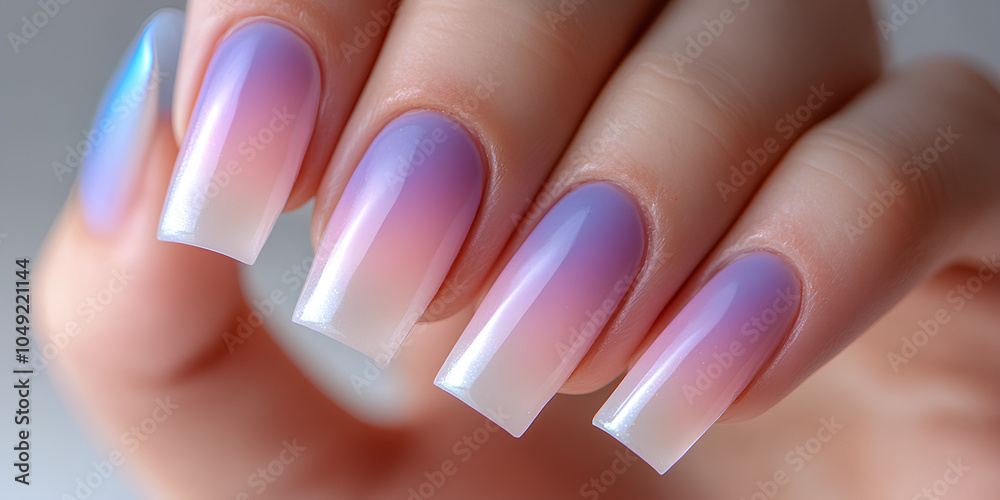 Hand with purple, blue and white nail polish. The nails are long and painted with a gradient effect