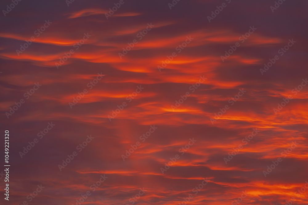 Fototapeta premium A vibrant, fiery sky with rich red and orange clouds, capturing the dramatic beauty of a sunset. The gradient of colors creates a warm, atmospheric scene.
