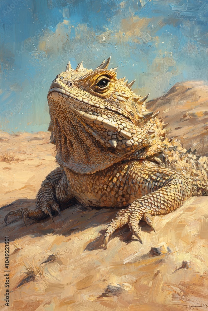 Fototapeta premium Horned Lizard Basking on Desert Sand