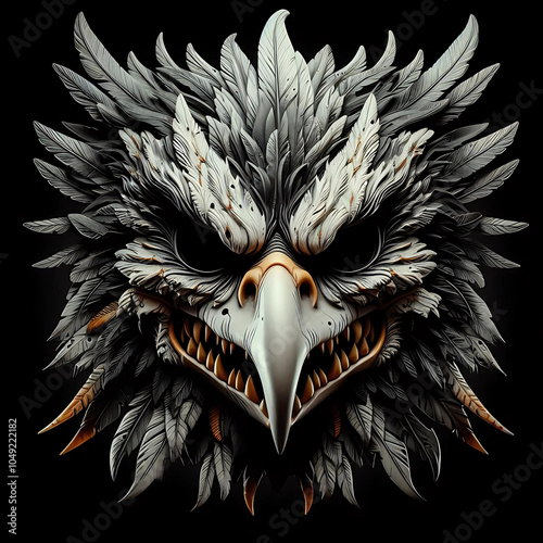 Native american indian headdress with feathers and skull close up