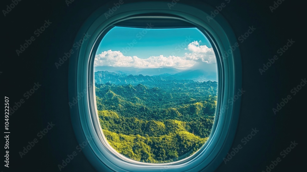 Scenic View from Airplane Window Over Green Mountains Scenic View from Airplane Window Over Green Mountains