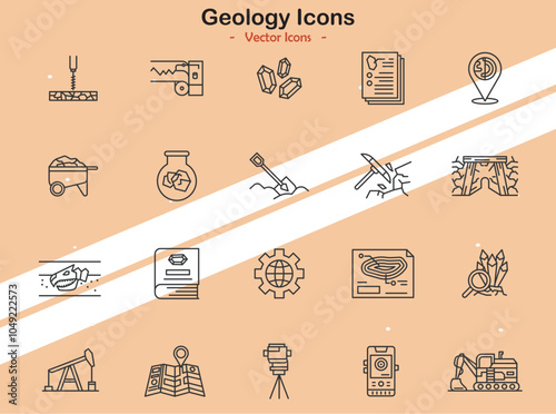 Icons representing geological elements rocks minerals and earth science symbols