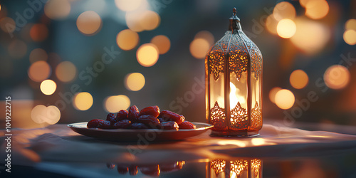 Lantern sits on a table next to a plate of food. The lantern is lit, casting a warm glow over the table. The plate of food is a mix of different types of food, including some fruits and nuts