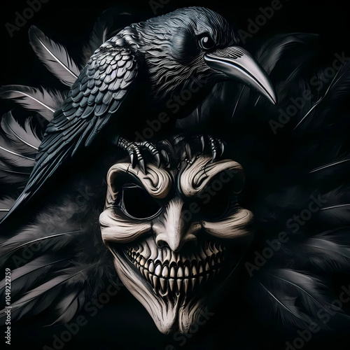Native american indian headdress with feathers and skull close up