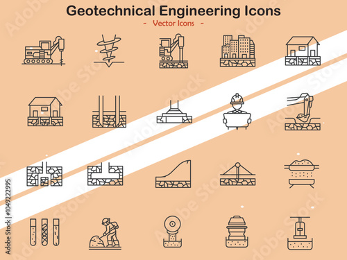 Icons depicting geotechnical tools analysis and construction elements