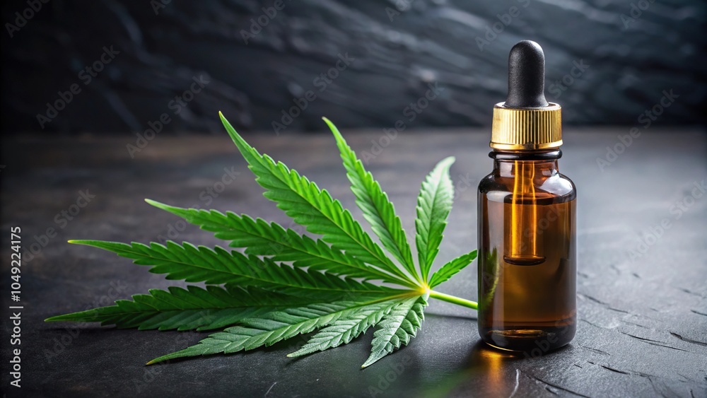 Cannabis oil dropper bottle and leaf on dark background Cannabis oil dropper bottle and leaf on dark background