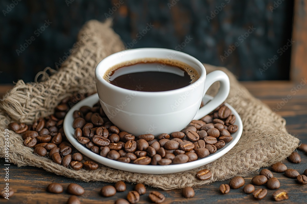 Fototapeta premium Freshly Brewed Coffee in White Cup Surrounded by Coffee Beans on Dark Wooden Background