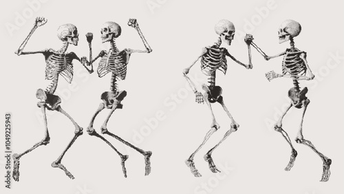 Vintage halftone illustration of two dancing skeletons. Retro photocopy effect. Brutalism style bitmap texture. Perfect for Halloween, posters, mixed media designs, themed parties, and spooky art.