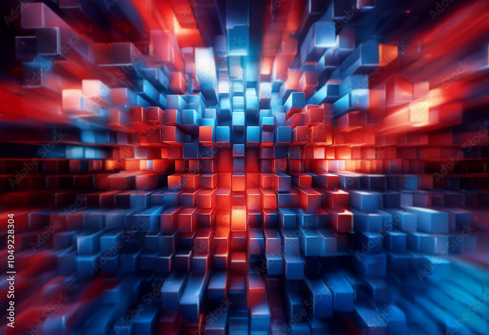 Abstract 3D illustration of a wall composed of red and blue blocks. Abstract 3D illustration of a wall composed of red and blue blocks.