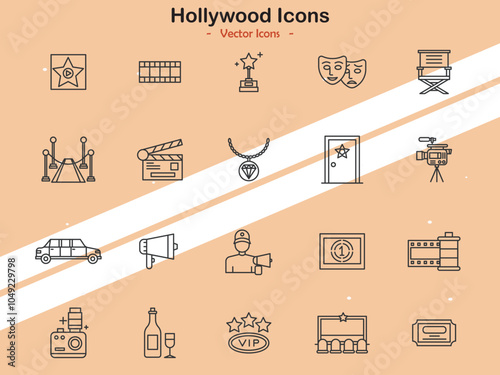 Icons showcasing Hollywood film industry elements and symbols