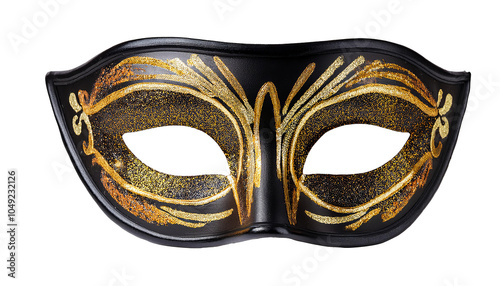  Elegant black and gold masquerade mask designed for festivities, displayed against a transparent background