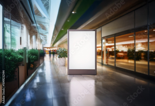 A blank billboard in a modern shopping mall corridor with a tiled floor, glass walls and greenery in planters.