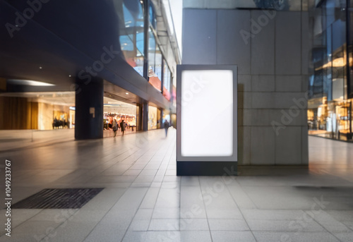 A blank billboard stands in a modern shopping mall, providing a space for advertising in a high-traffic area.