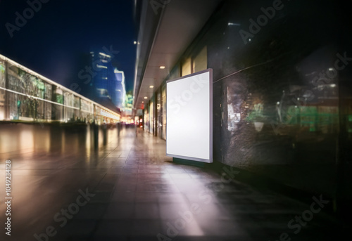 A blank billboard advertisement in an urban area at night.