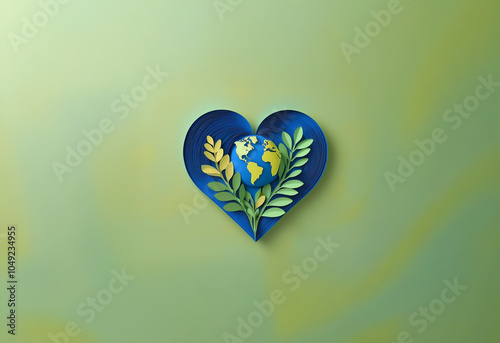 A paper heart with blue and green leaves cradles a paper globe, symbolizing the love for Earth. photo