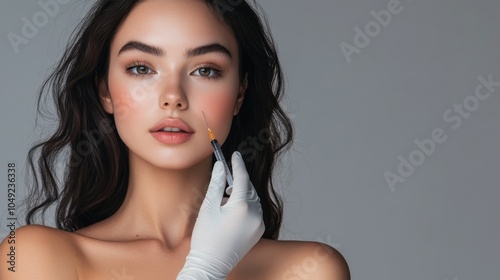 Portrait of a glamorous brunette woman with flawless skin and striking makeup, captured in a close-up studio shot