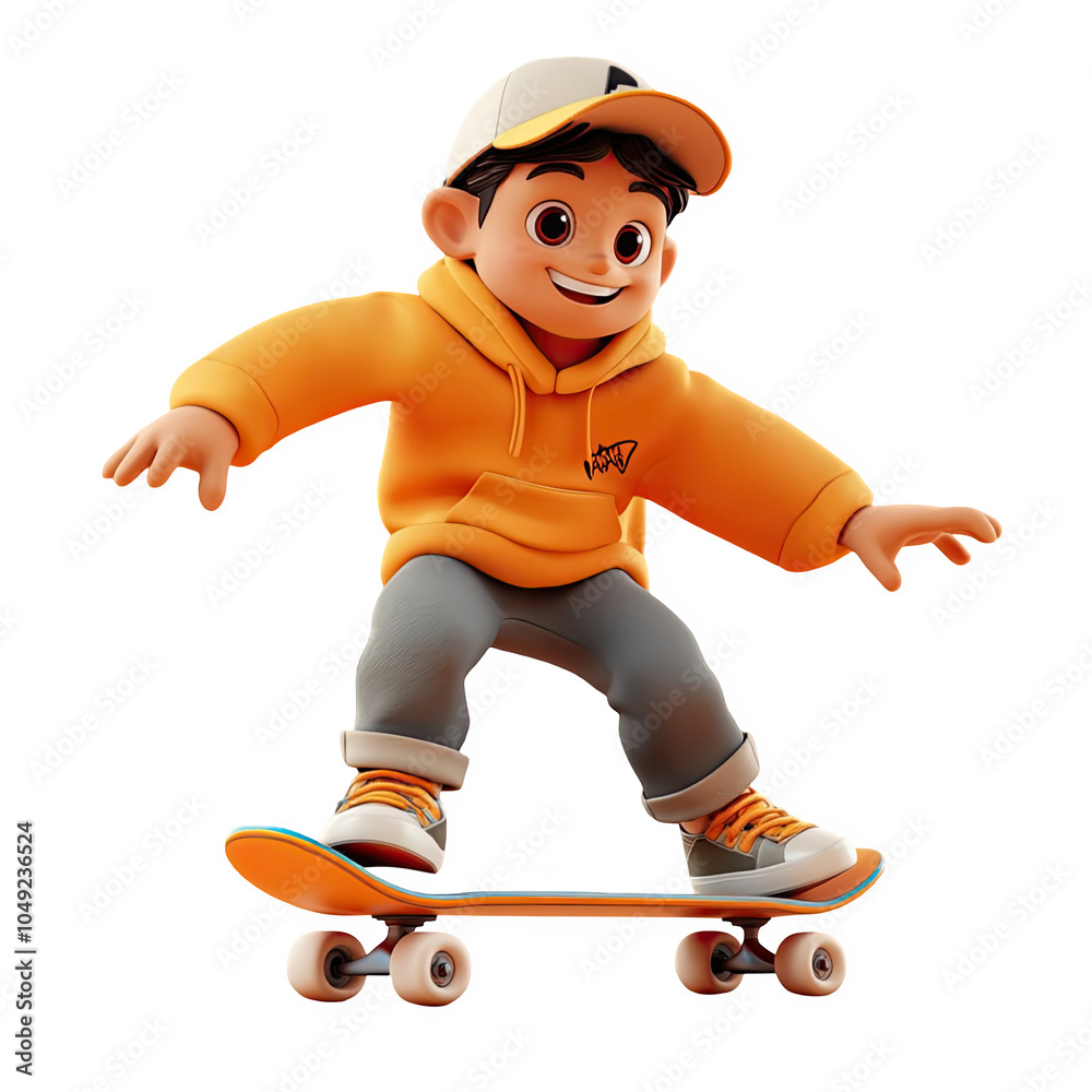 A cheerful cartoon boy skateboarding in an orange hoodie, showcasing fun and adventure in animated style PNG isolated on transparent background, white background.