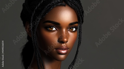 A glamorous portrait of a woman with dreadlocks and braids, showcasing her beauty and style in winter fashion, complete with striking makeup and a fashionable hat