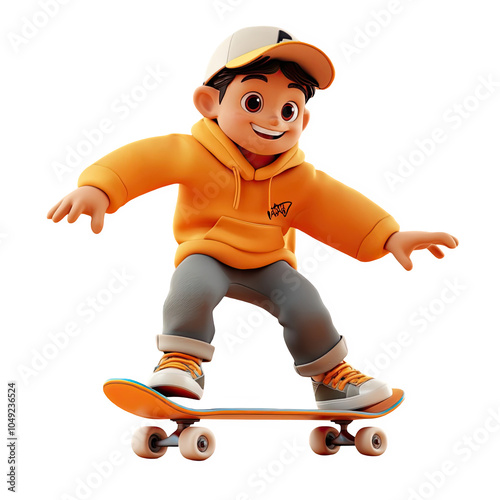 Obraz na płótnie A cheerful cartoon boy skateboarding in an orange hoodie, showcasing fun and adventure in animated style PNG isolated on transparent background, white background. w salonie