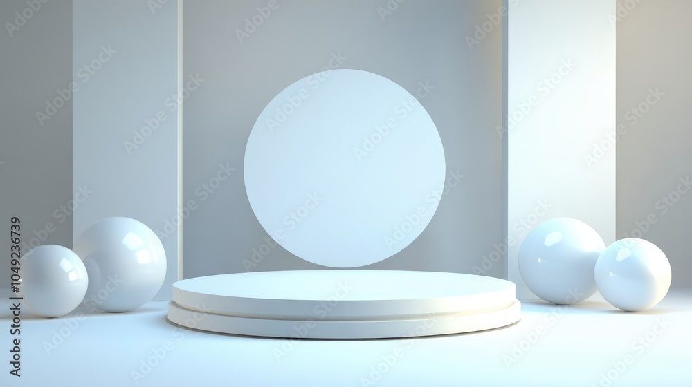 White Circular Platform with Spheres and Walls White Circular Platform with Spheres and Walls