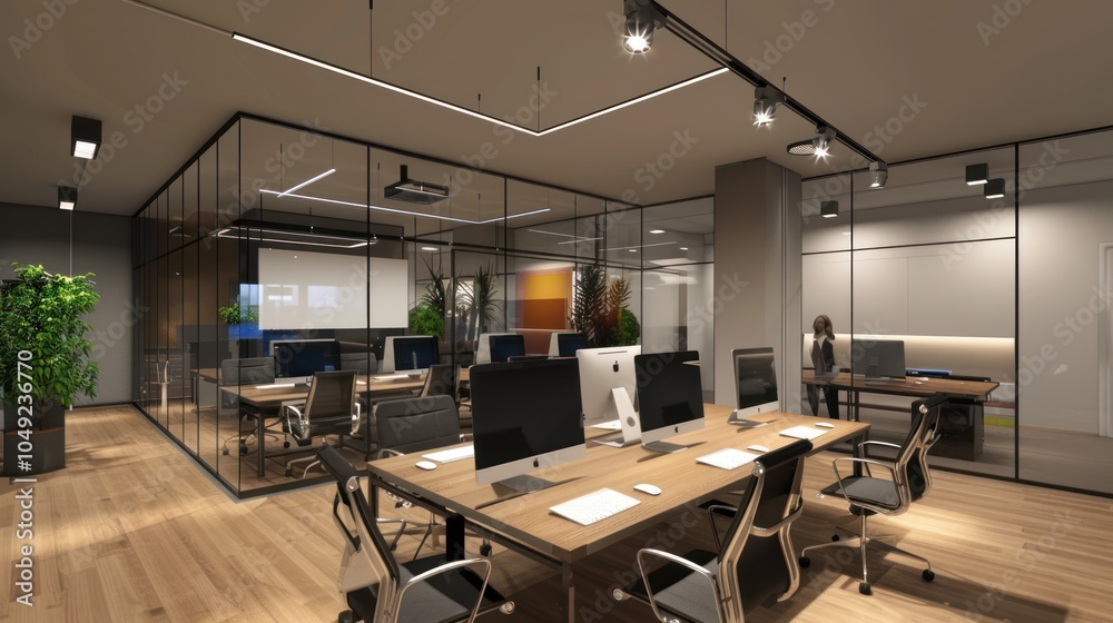 Modern office space with glass walls, desks, and chairs Modern office space with glass walls, desks, and chairs