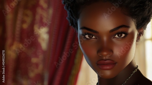 A stunning portrait of a beautiful woman in a traditional red dress, adorned with elegant makeup and a golden mask, embodying the spirit of a festive carnival
