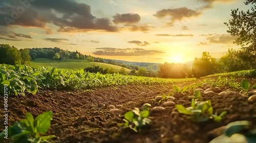 Lush thriving potato farmland with rows of verdant plants bathed in the warm glowing light of an enchanting sunset landscape