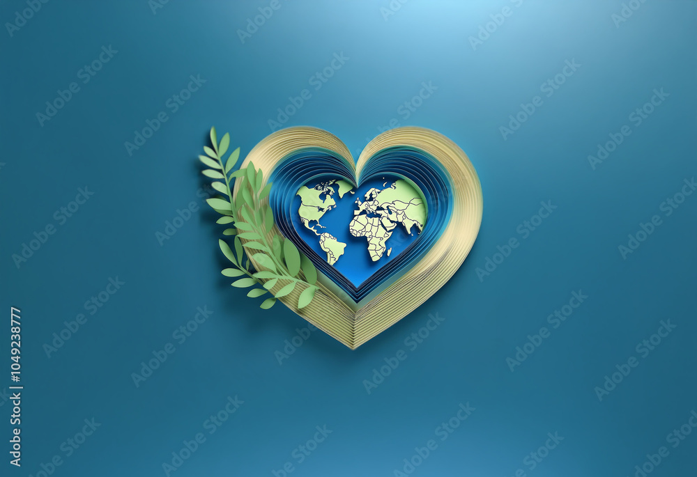 A 3D rendering of a gold heart with an olive branch. Inside the heart is a blue globe representing the Earth. A 3D rendering of a gold heart with an olive branch. Inside the heart is a blue globe representing the Earth.