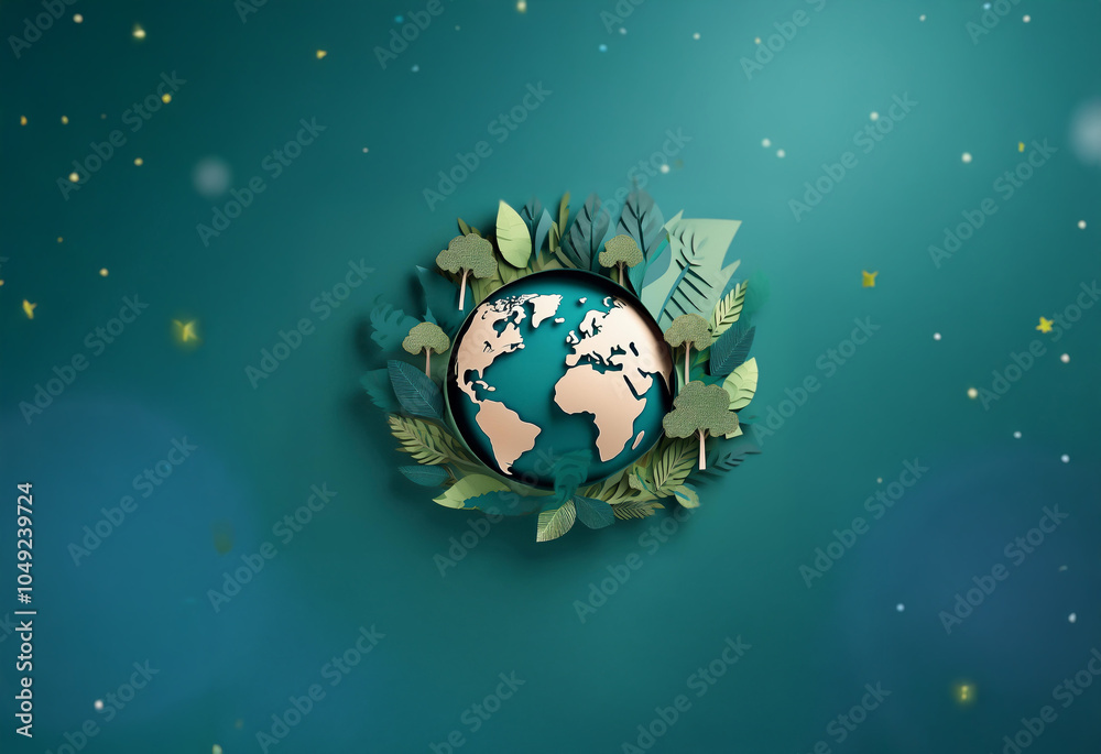 Fototapeta premium A paper globe surrounded by a ring of paper leaves and trees on a teal background with white stars.