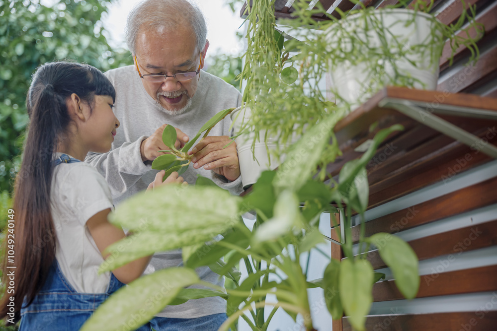 Obraz premium Asian young attractive girl and grandfather standing beside a green potted plant at home held, World Environment Day concept