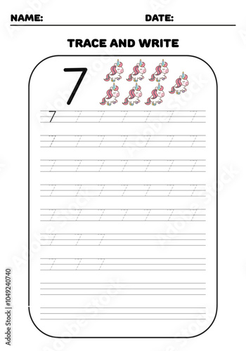 Trace and write practice math number 7 seven for kids with unicorns