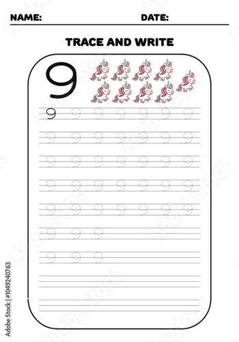 Trace and write practice math number 9 nine for kids with unicorns