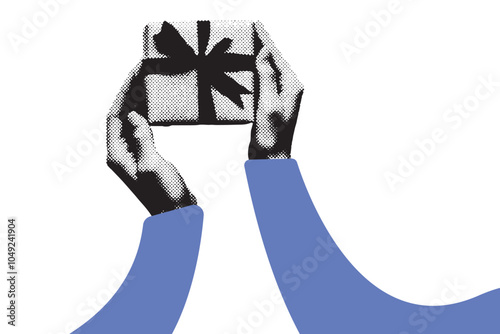 A hand holding a birthday or christmas present. Grunge halftone grain design element