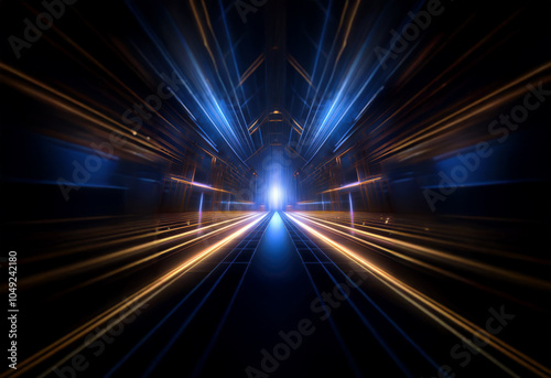 A bright light at the end of a dark, symmetrical, and futuristic tunnel.