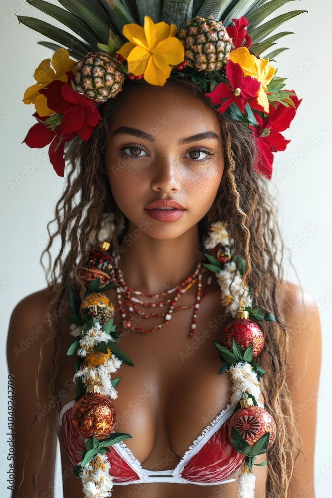 Portrait of a Young Woman with Tropical Floral Headdress and Colorful Necklace Portrait of a Young Woman with Tropical Floral Headdress and Colorful Necklace