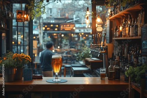 Cozy bar atmosphere with a glass of beer on the counter in an urban setting during evening hours