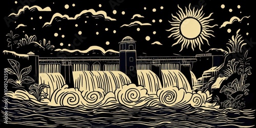 Stylized Nighttime Dam Illustration with Flowing Water and Radiant Sun photo