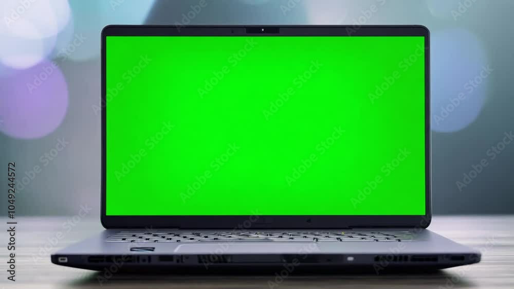 mockup laptop blank blurry screen background green footage video office table desktop white front wood notebook mock advertising view desk template digital display business design technology isolated