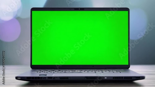 mockup laptop blank blurry screen background green footage video office table desktop white front wood notebook mock advertising view desk template digital display business design technology isolated