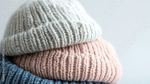 knitted beanie with visible texture and soft colors, placed on a simple background for a warm