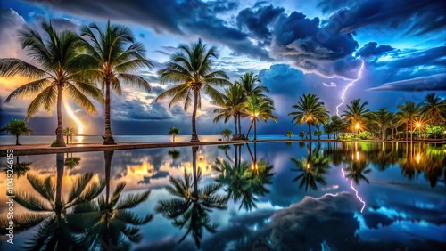 tropical vacation scenery with palm trees and illuminated reflections