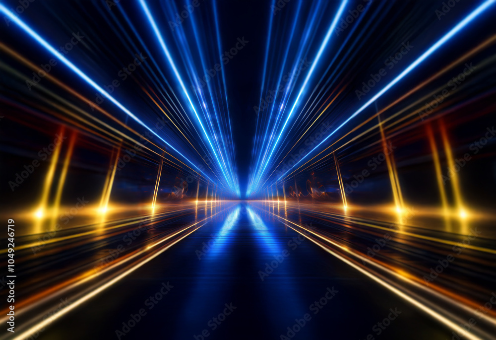 Fototapeta premium A long, dark, empty hallway is illuminated with streaks of blue and gold light.